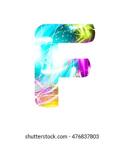 Efecto de luz brillante tipo neon Font. Símbolos de texto de diseño de color de Firework. Letra brillante F