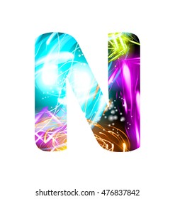 Glowing Light effect neon Font. Firework Color Design Text Symbols. Shiny letter N
