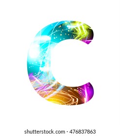 Glowing Light effect neon Font. Firework Color Design Text Symbols. Shiny letter C