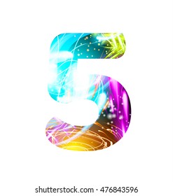 Glowing Light effect neon Font. Firework Color Design Text Symbols. Shiny number 5