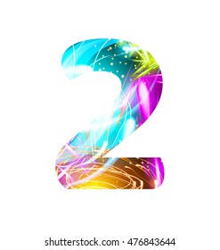 Glowing Light effect neon Font. Firework Color Design Text Symbols. Shiny number 2