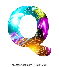 Efecto de luz brillante tipo neon Font. Símbolos de texto de diseño de color de Firework. Letra brillante P
