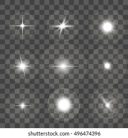 Glowing Light Effect Set on Black Transparent Background. Star or Beam with ray sparkles. Vector illustration of White Glow Lights burst Explosion, Shine Glitter, Bright Flare