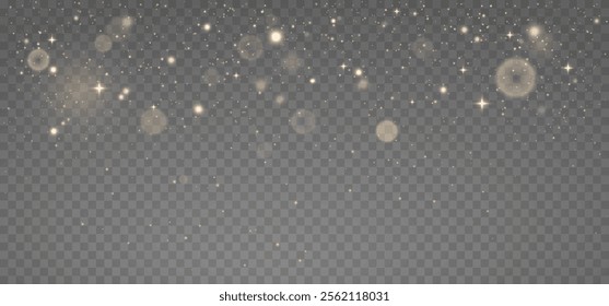 Glowing light effect, sparkling gold dust, abstract on transparent gold background, vector of bright shimmering stars , bokeh , Christmas background.