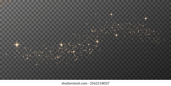 Glowing light effect, sparkling gold dust, abstract on transparent gold background, vector of bright shimmering stars , bokeh , Christmas background.