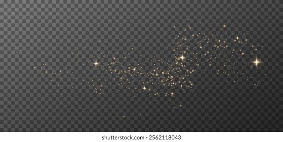 Glowing light effect, sparkling gold dust, abstract on transparent gold background, vector of bright shimmering stars , bokeh , Christmas background.