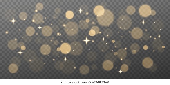 Glowing light effect, sparkling gold dust, abstract on transparent gold background, vector of bright shimmering stars , bokeh , Christmas background.
