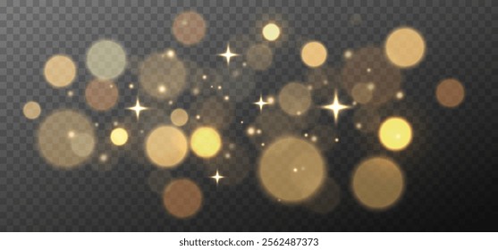 Glowing light effect, sparkling gold dust, abstract on transparent gold background, vector of bright shimmering stars , bokeh , Christmas background.