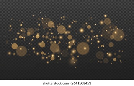 Glowing light effect, sparkling gold dust, abstract on transparent gold background, vector of bright shimmering stars , bokeh , Christmas background.