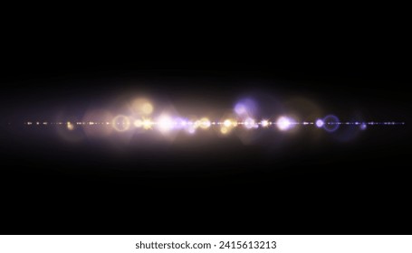 Glowing light effect. Sparkling highlights of a bright flash with a colorful purple-gold shimmer. Vector illustration.