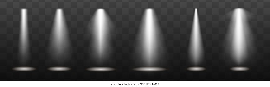 Glowing light effect with white rays and beams. Scene floodlight spotlight stage beam. Abstract light from a lamp or spotlights on transparent background. Lighted scene. Vector illustration