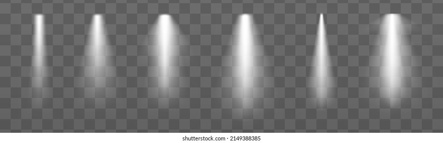 Glowing light effect with white rays and beams. Scene floodlight spotlight stage beam. Abstract light from a lamp or spotlights on transparent background. Lighted scene. Vector illustration