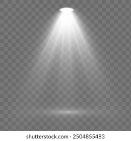 Glowing light effect with white rays and beams. Scene floodlight spotlight stage beam. Abstract light from a lamp or spotlights on transparent background. Lighted scene. Vector illustration