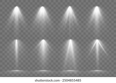 Glowing light effect with white rays and beams. Scene floodlight spotlight stage beam. Abstract light from a lamp or spotlights on transparent background. Lighted scene. Vector illustration