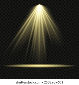 Glowing light effect with white rays and beams. Scene floodlight spotlight stage beam. Abstract light from a lamp or spotlights on transparent background. Lighted scene. Vector illustration