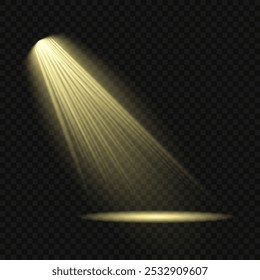 Glowing light effect with white rays and beams. Scene floodlight spotlight stage beam. Abstract light from a lamp or spotlights on transparent background. Lighted scene. Vector illustration