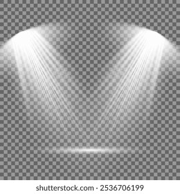 Glowing light effect with white rays and beams. Scene floodlight spotlight stage beam. Abstract light from a lamp or spotlights on transparent background. Lighted scene. Vector illustration