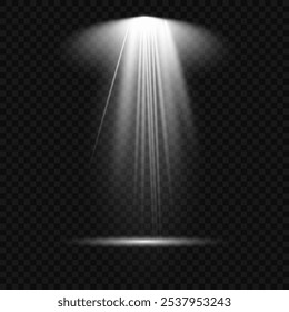 Glowing light effect with white rays and beams. Scene floodlight spotlight stage beam. Abstract light from a lamp or spotlights on transparent background. Lighted scene. Vector illustration