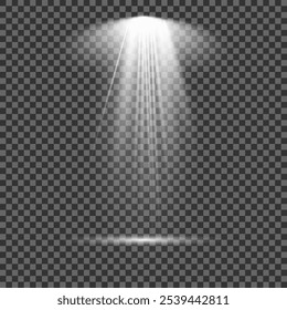 Glowing light effect with white rays and beams. Scene floodlight spotlight stage beam. Abstract light from a lamp or spotlights on transparent background. Lighted scene. Vector illustration