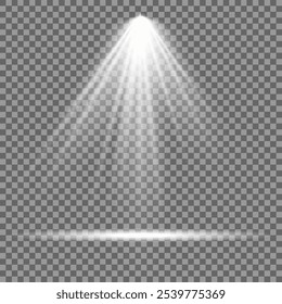 Efeito de luz brilhante com raios brancos e vigas. Feixe de palco de holofotes de luz de inundação de cena. Luz abstrata de uma lâmpada ou luzes de spot sobre fundo transparente. Cena iluminada. Ilustração vetorial