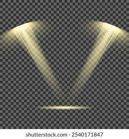 Glowing light effect with white rays and beams. Scene floodlight spotlight stage beam. Abstract light from a lamp or spotlights on transparent background. Lighted scene. Vector illustration