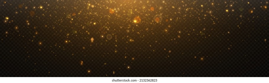 Glowing light effect in yellow gold color with lots of shiny particles isolated on dark background. Vector star cloud with dust.	
