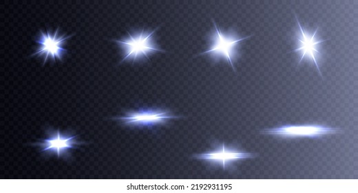 Glowing light effects collection of blue stars and glare translucencies. Optical flare objects Vector
