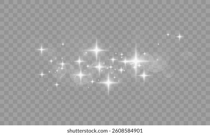 Glowing light effects set: neon circles, speed motion trails, shining squares, spotlight beams, and sparkling stars on a transparent background for futuristic and digital design overlays.	