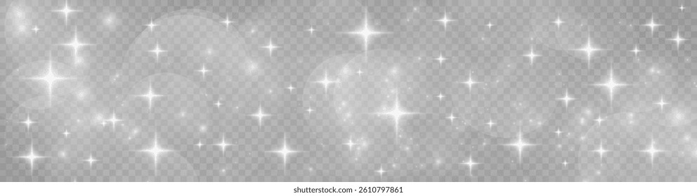Glowing light effects set: neon circles, speed motion trails, shining squares, spotlight beams, and sparkling stars on a transparent background for futuristic and digital design overlays.	