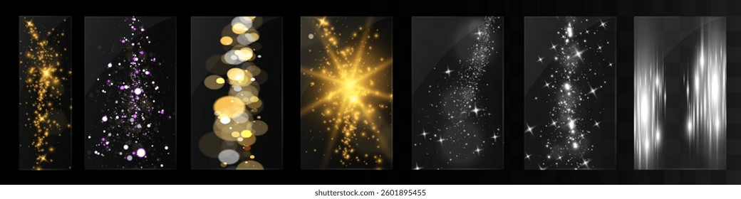 Glowing light effects with sparkling glitter, bokeh, golden and silver shine, magic dust, luxury decoration elements, festive luminous overlays, abstract shimmering backgrounds.