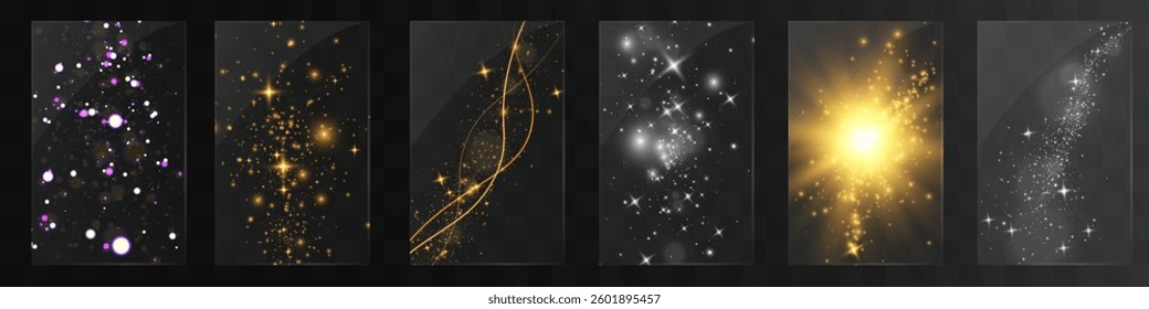 Glowing light effects with sparkling glitter, bokeh, golden and silver shine, magic dust, luxury decoration elements, festive luminous overlays, abstract shimmering backgrounds.