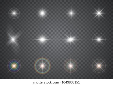 Glowing light effects. Sparkling and shining stars, flashes of lights, abstract flares, bright glares. Transparent vector illustration