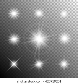 Glowing light effects. Sparkling and shining stars, bright flashes of lights with a radiating. Transparent light effects in vector