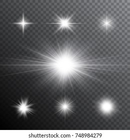 Glowing light effects. Sparkling and shining stars, bright flashes of lights with divergent rays. Vector illustration with transparent light effects