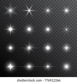 Glowing light effects. Sparkling and shining stars, flashes of lights, abstract flares, bright glares. Transparent vector illustration