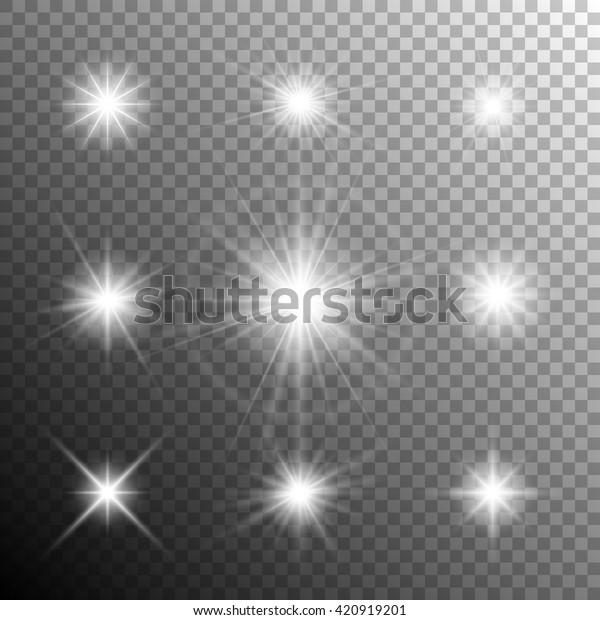 Glowing light effects. Sparkling and shining\
stars, bright flashes of lights with a radiating. Transparent light\
effects in vector