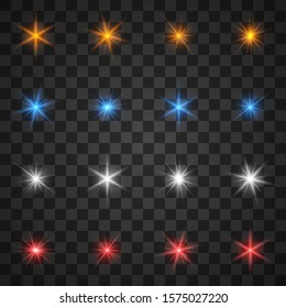 Efectos luminosos brillantes, ráfagas de estrellas con chispas sobre fondo transparente