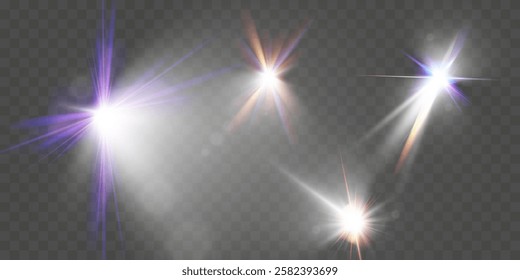 Glowing light effects with transparency, lens flare, radiant beams, starbursts, and luminous sparkles for overlays and design.