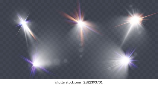 Glowing light effects with transparency, lens flare, radiant beams, starbursts, and luminous sparkles for overlays and design.