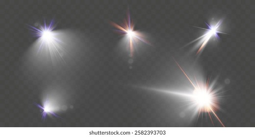 Glowing light effects with transparency, lens flare, radiant beams, starbursts, and luminous sparkles for overlays and design.