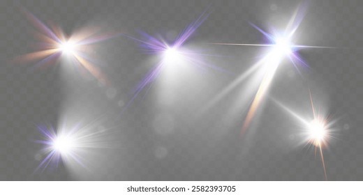 Glowing light effects with transparency, lens flare, radiant beams, starbursts, and luminous sparkles for overlays and design.