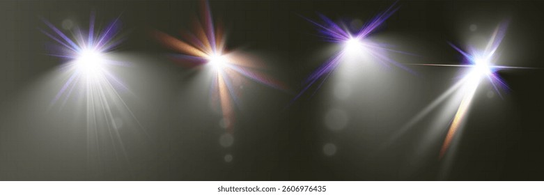 Glowing light effects with transparency, lens flare, radiant beams, starbursts, and luminous sparkles for overlays and design.