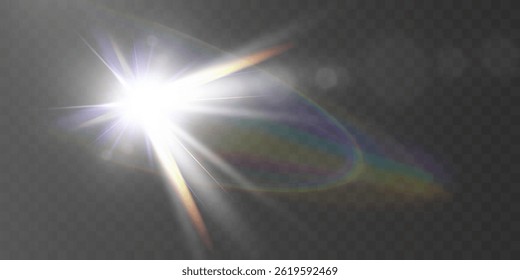 Glowing light effects with transparency, lens flare, radiant beams, starbursts, and luminous sparkles for overlays and design.	