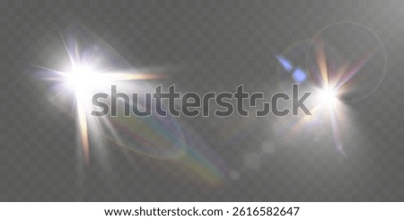 Glowing light effects with transparency, lens flare, radiant beams, starbursts, and luminous sparkles for overlays and design.