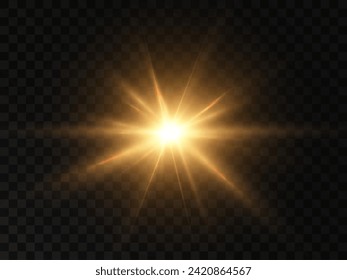 Glowing light explodes, light flash golden color. Beam of the shining sun. Special glare light effect. Bright flash.