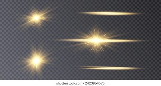 Glowing light explodes, light flash golden color. Beam of the shining sun. Special glare light effect. Bright flash.