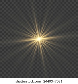 Glühendes Licht explodiert, helles Blitzlicht goldene Farbe. Strahl der strahlenden Sonne. Spezieller Blendlichteffekt. Heller Blitz.