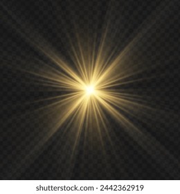 Glowing light explodes, light flash golden color. Beam of the shining sun. Special glare light effect. Bright flash.