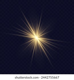 Glowing light explodes, light flash golden color. Beam of the shining sun. Special glare light effect. Bright flash.