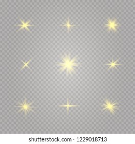 glowing light explodes on a transparent background. Sparkling magical dust particles. Bright Star. Transparent shining sun, bright flash. Vector sparkles. To center a bright flash.